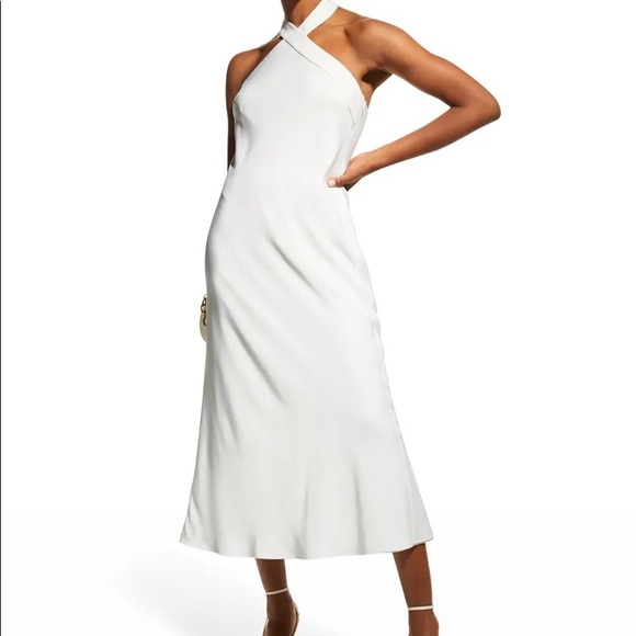 Aidan Mattox White Halter Neck Bias Cocktail Midi Dress - Picture 5 of 8